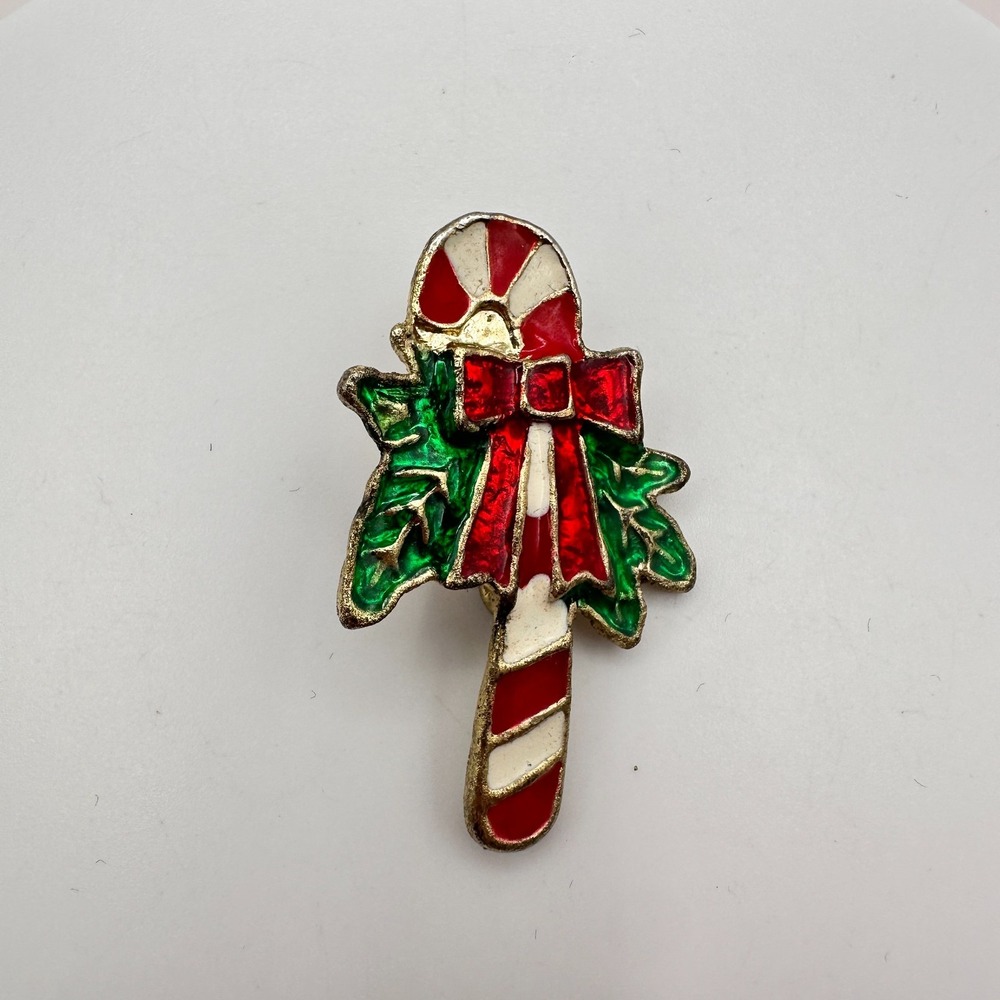 Vintage 80s Christmas Candy Cane Brooch Enamel Holly Holiday Pin Fashion Jewelry